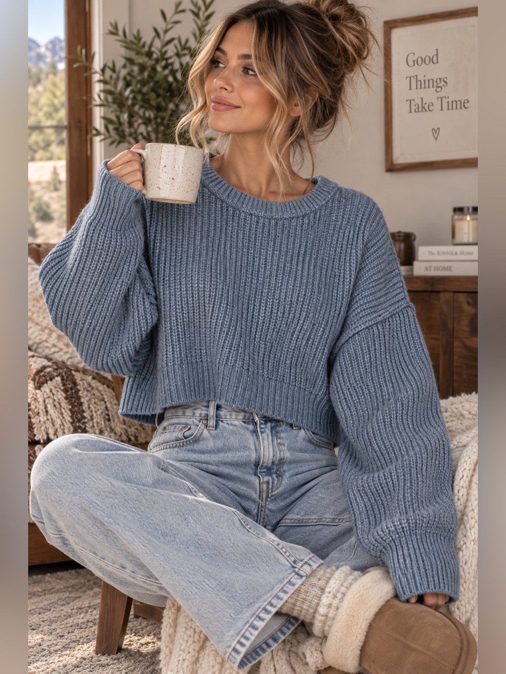 American Eagle Slate Blue Chunky Rib Knit Cropped Oversized Cabincore Sweater